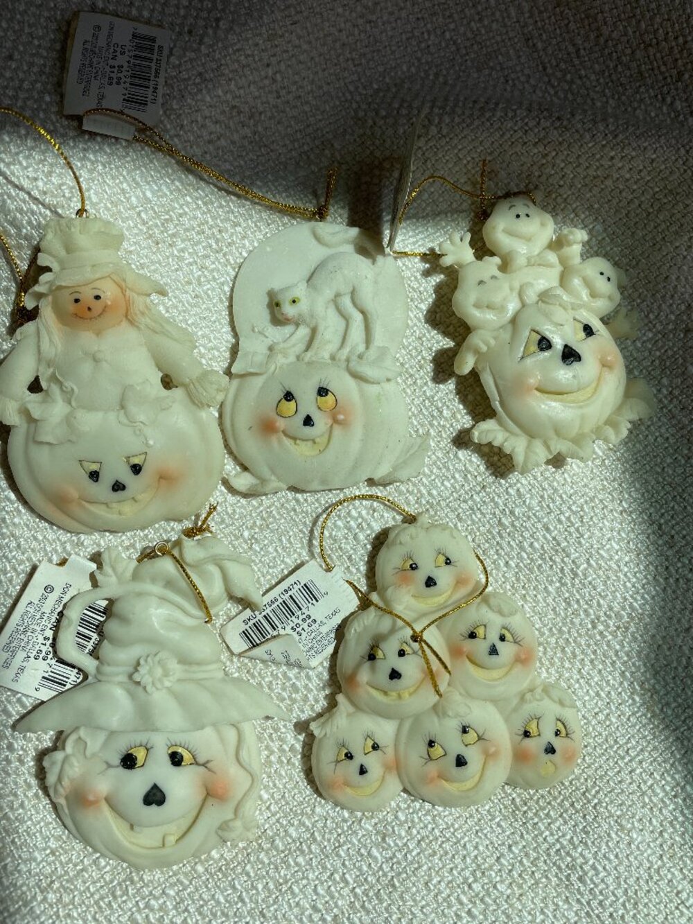 (5) Vintage Halloween Witch Cat Ghost Pumpkin Resin Ornaments NWT Lot
